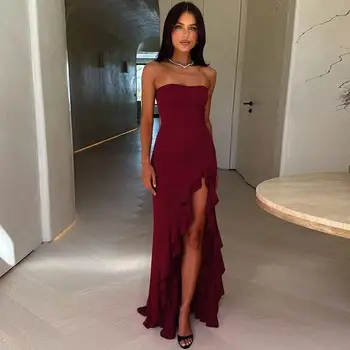 Fashion Off-shoulder Strapless Backless High Split Maxi Dress Sexy Solid Sleeveless Bodycon Boho Gown Summer Party Holiday Ware