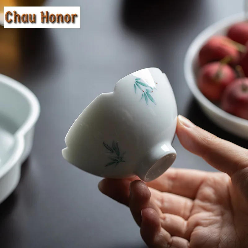 2pc/set 65ml Boutique Pure Hand Painted Art Bamboo Tea Cups Household Ceramic Master Cups White Porcelain Kung Fu Tea Bowl Set