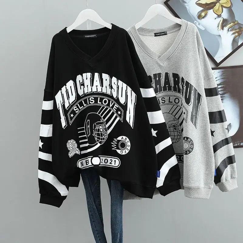 

Letter Print Fashion Casual Oversized Streetwear Female Sweatshirt Fall Winter Fleece V Neck Long Sleeve Pullovers Tops Sudadera