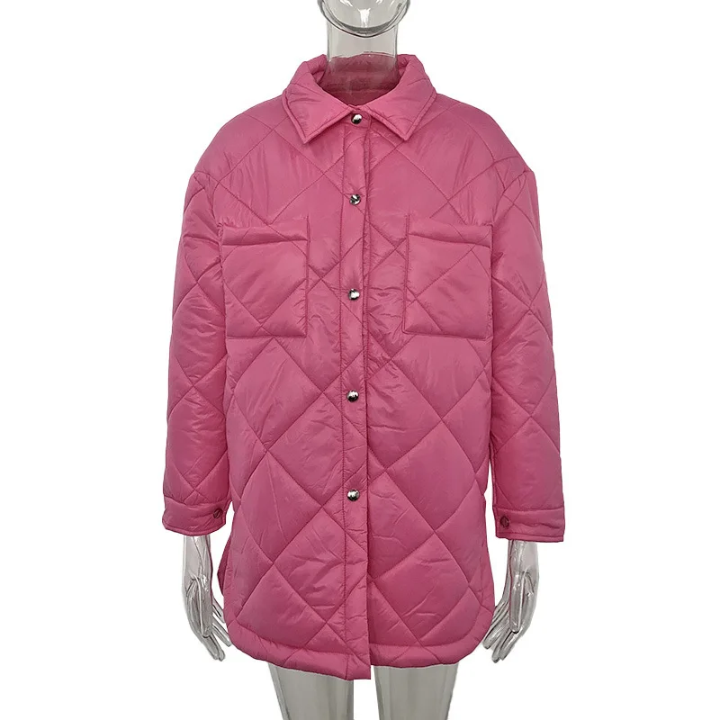 Fashion Cotton Midi Jacket Female Ladies Women Elegant Turn Down Collar Solid Front Buttons Parkas Fashion Simple Argyle Coat