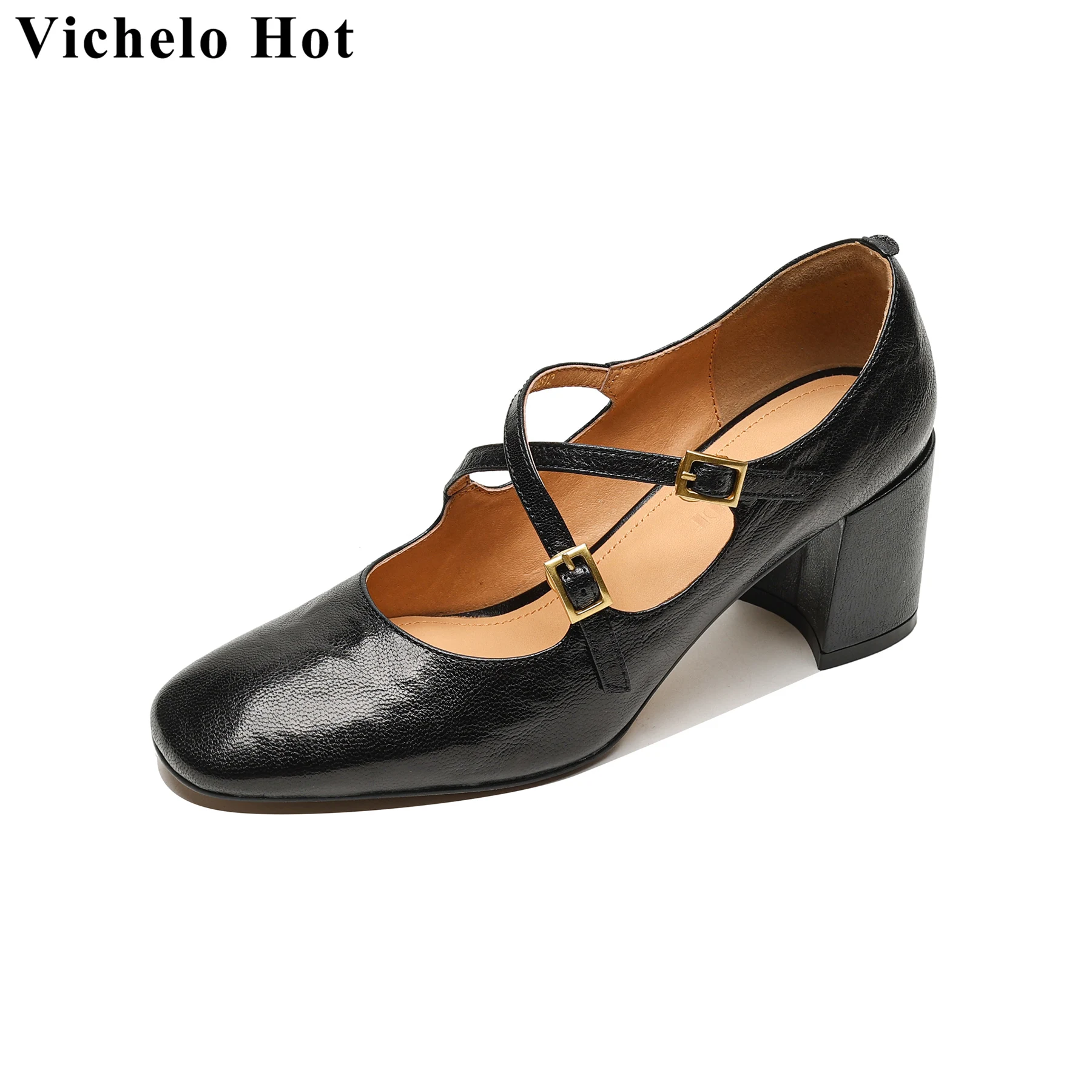 

Vichelo Hot Fashion Sheep Leather Square Toe High Heels Spring Autumn Shoes Solid Buckle Strap Elegant Shallow Brand Women Pumps