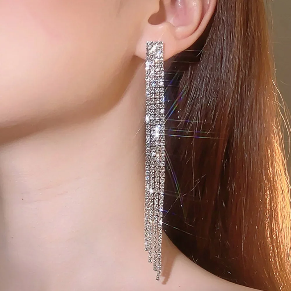 Long Tassel Rhinestone Clip on Earrings for Women Luxury Shiny Bridal No Piercing Earrings Wedding Jewelry