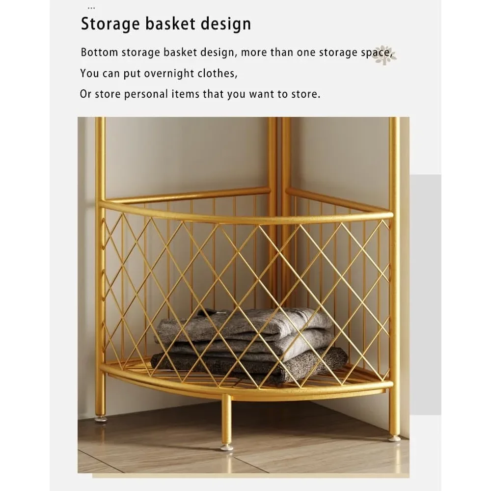 Corner Coat Rack,corner Hall Tree,metal Clothes Rack,gold Clothing Rack with Storage Basket and Hooks,corner Garment Rack