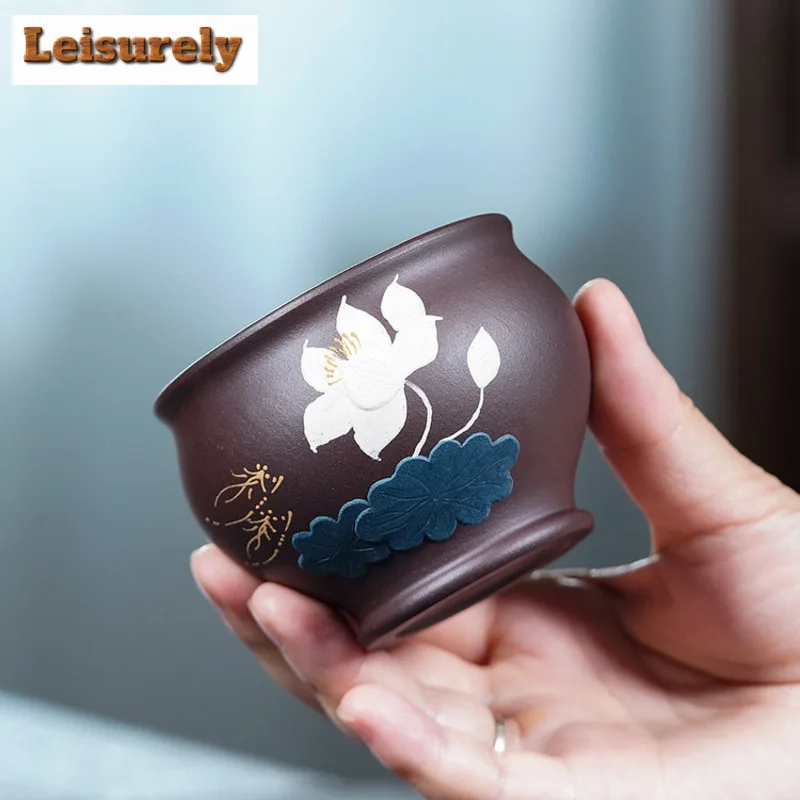 180ml Yixing Zisha Hand-painted Lotus Teacup Retro Tea Bowl Cup For Tea Tea-tasting Smelling Cup Chazhan Master Cups Tea Items