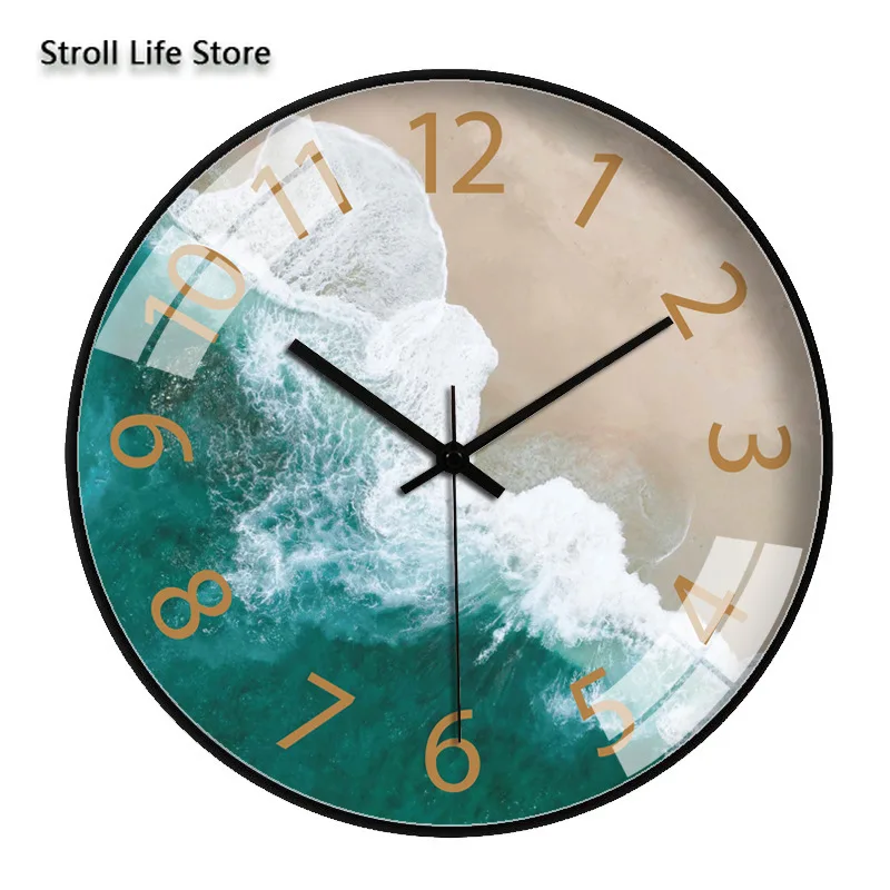 Large Round Wall Clock Gold Silent Sea Art