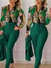 Elegant Women Printed Two Piece Suit Sets Spring Autumn V Neck Long Sleeve Shirt Top & Long Pants Set With Belt Workwear Outfits 2