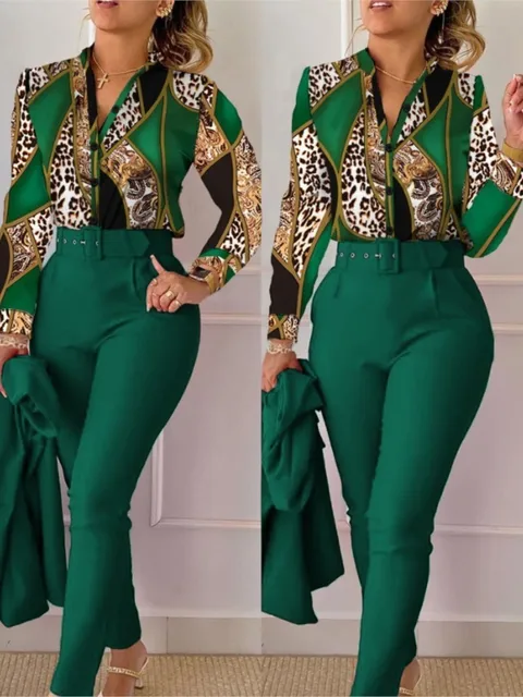 Elegant Women Printed Two Piece Suit Sets Spring Autumn V Neck Long Sleeve Shirt Top & Long Pants Set With Belt Workwear Outfits 2