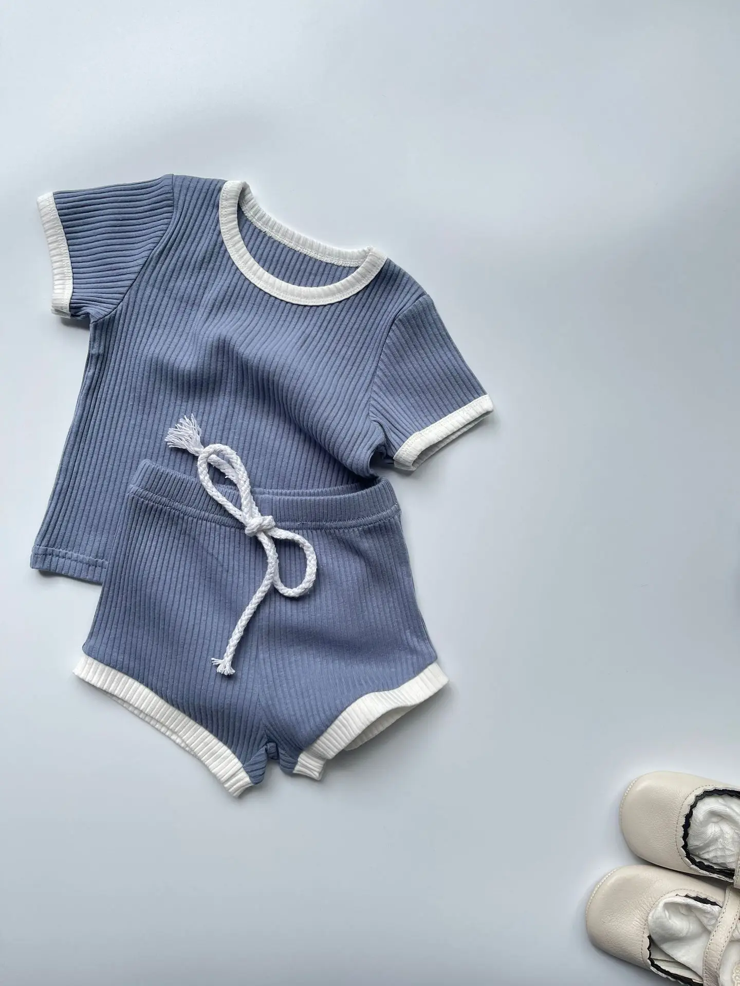 2025 Summer New Baby Short Sleeve Cotton Clothes Set Infant Boy Girl Solid Ribbed T Shirts + Shorts 2pcs Suit Toddler Outfits 5