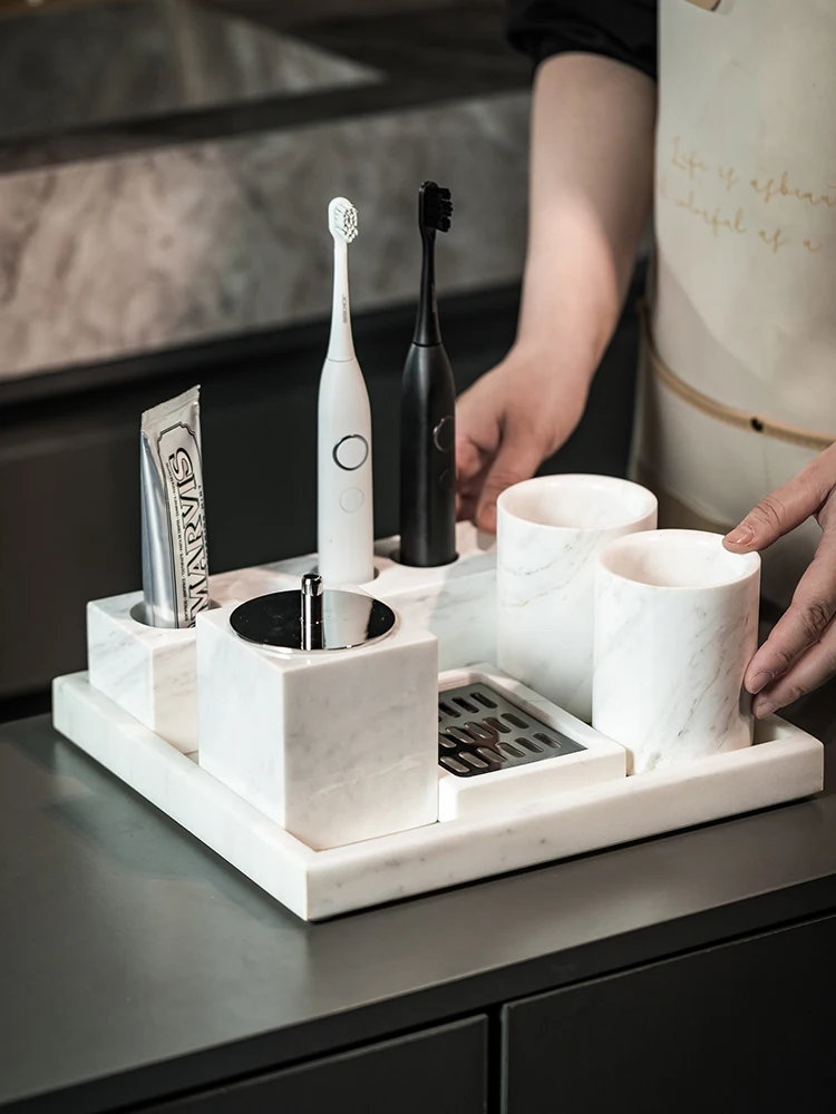 Marble Electric Toothbrush Shelf Light Luxury Hotel Style Couple Mouthwash Cup Bathroom Wash Table Storage Set