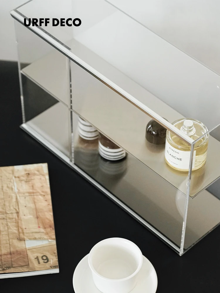 URFF DECO 미니멀리스트 스테인레스 스틸 방진 슬라이딩 도어 스토리지 랙 산업 스타일 다층 데스크탑 디스플레이 정리함