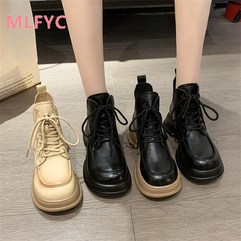 Thick Heel Thick Sole Short Boots for ladies Spring and Autumn New Fashion British Style Lace up Boots for Women's Short Boots
