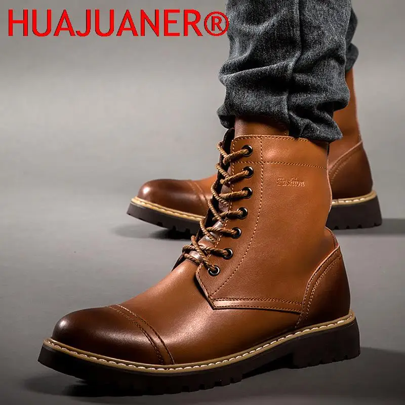 Genuine Leather Men\'s Boots Plush Warm Winter Boots High Quality Men Motorcycle Boots Fashion Tooling Shoes