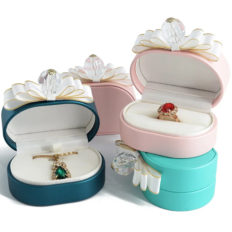 

New PU Leather Ring Pendant Necklace Box Bow Perfume Box Shape Jewelry Packaging Box European Style Wedding Anniversary Gift Box