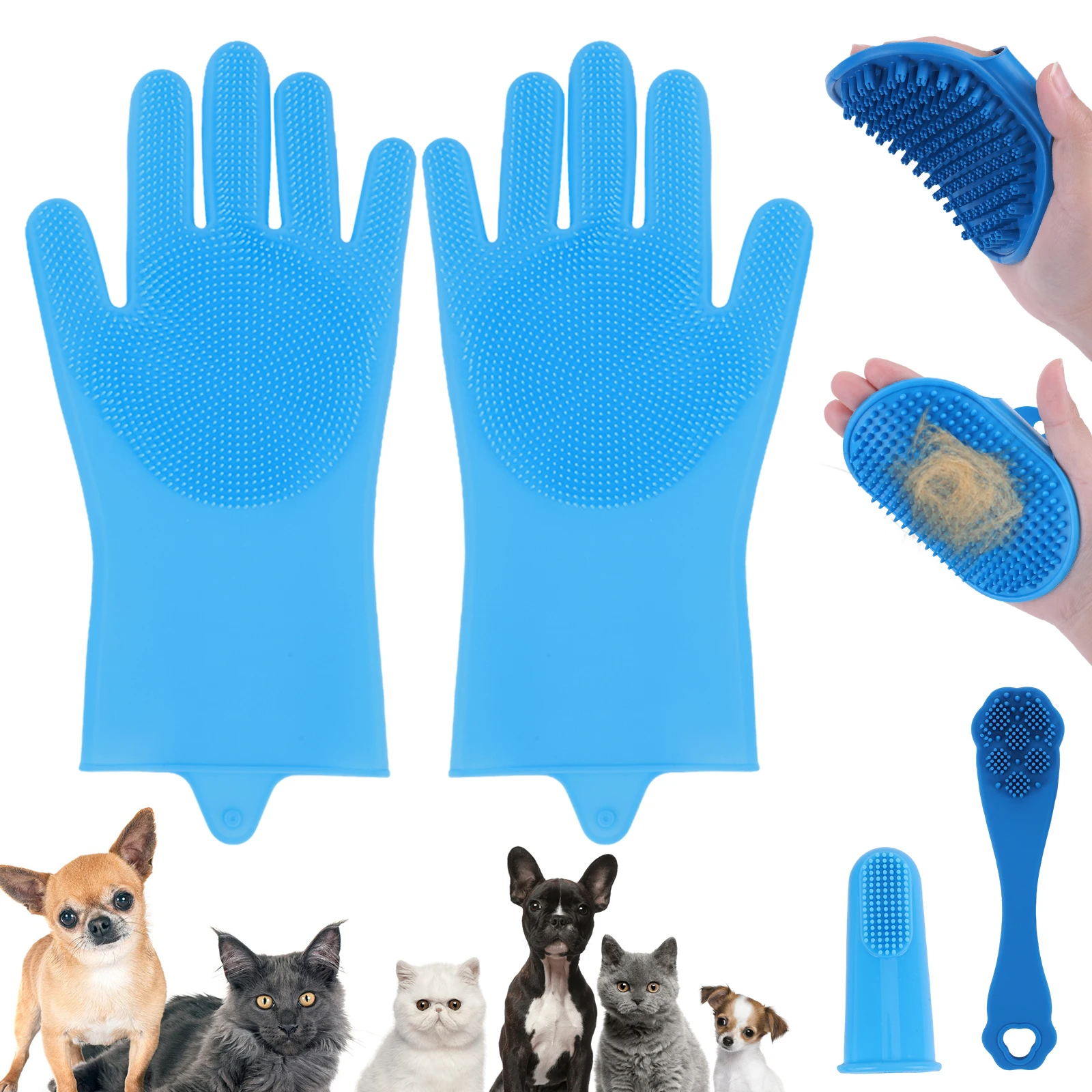 6PCS Pet Grooming Kit Silicone Dog Bath Brush Dog Toothbrush Finger Bath Gloves Shampoo Brush Cat Bathing Supplies