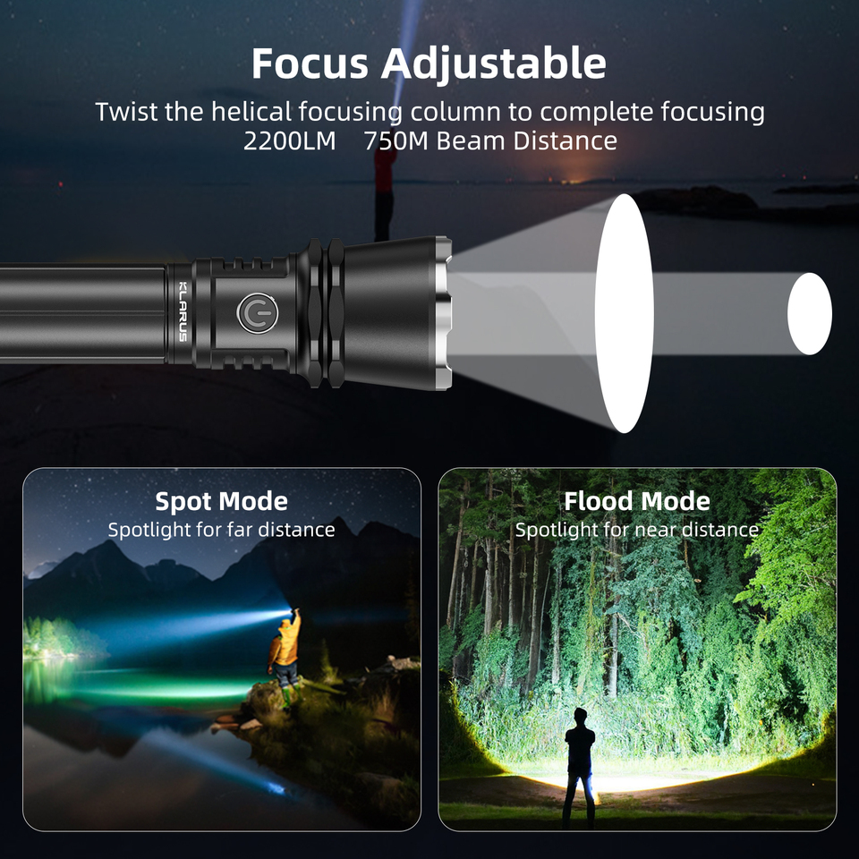 Klarus A3 Bright High output 2200LM Zoomable Flashlight 2460 Feet Long Throw Adjustable Focus Floodlight Spotlight