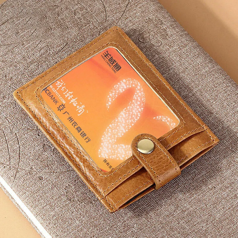 

RFID Anti-Theft Brush Credit Card Holder Men Snap Pouch Card Bag Oil Wax Genuine Leather Small Slim Thin Pocket Cards Wallet