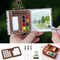New Mini Watercolor Paint Set Portable Pocket Artist Travel Art Painting Kit with Clip and Water Brush Wooden 8/15 Grid Box Mini 6