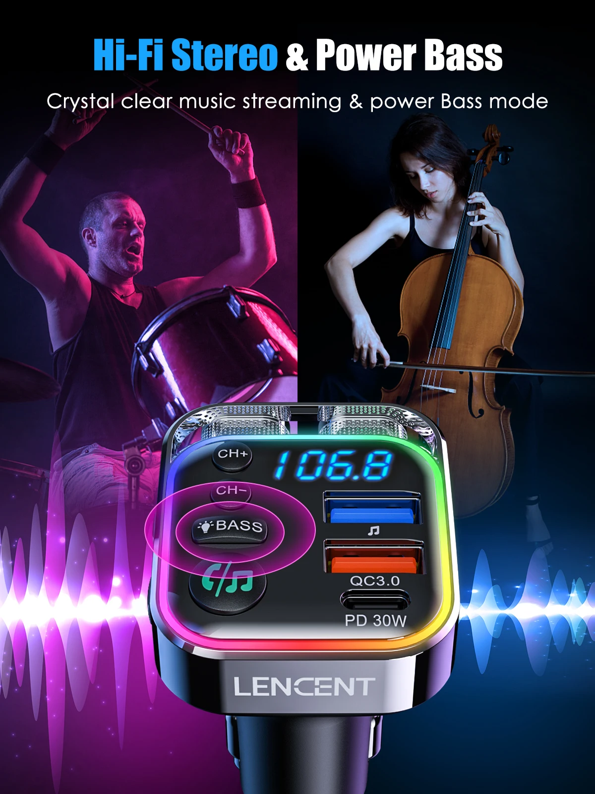 รูปสินค้า LENCENTบลูทูธ 5.3 เครื่องส่งสัญญาณFM PD 30W & QC3.0 Fast Chargerบลูทูธอะแดปเตอร์รถHi-Fiเพลง/Clear Calling Car Kit