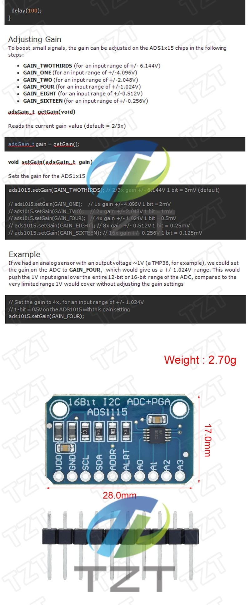 ADS1115 TZT 16 Bit I2C Modul Präzision ADC 4 Kanal Entwicklungsboard Pro Gain Verstärker 2,0 V bis 5,5 V für Arduino – Detail 5