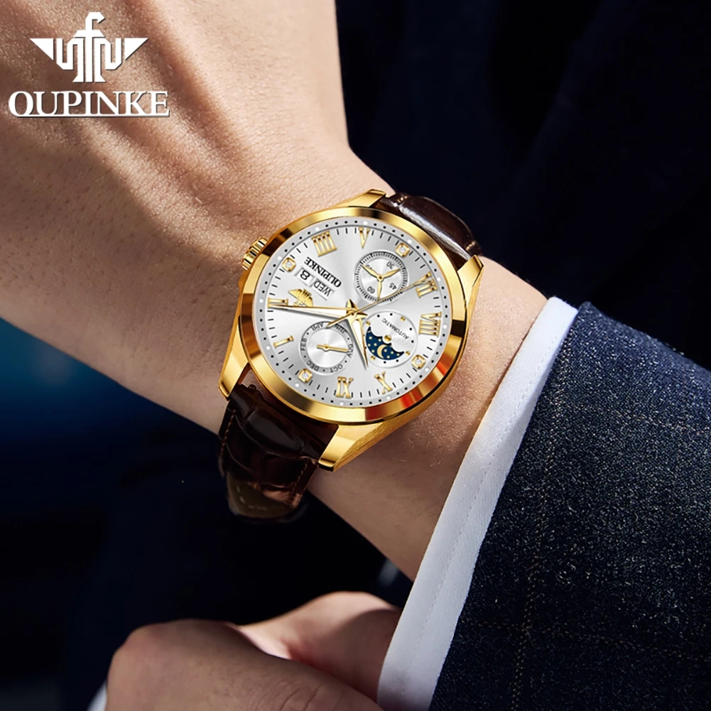 OUPINKE 3300 Automatic Man's Watch Moon Phase Auto Date Mechanical Watch For Men Roman Scale Luxury Waterproof Men Wristwatch