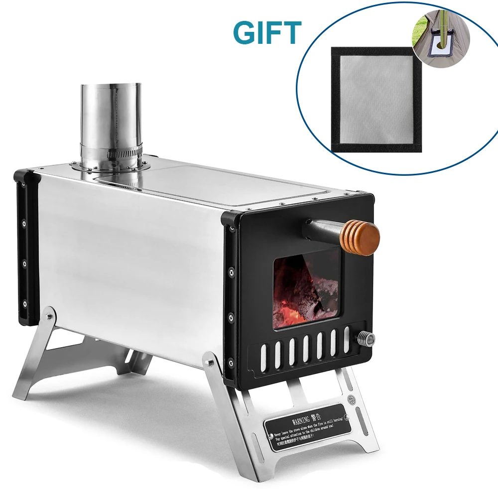 

Палатка из нержавеющей стали, деревянная плита с трубами дымохода, портативная походная дровяная печь для кемпинга, подогрев, приготовление пищи, деревянная горелка