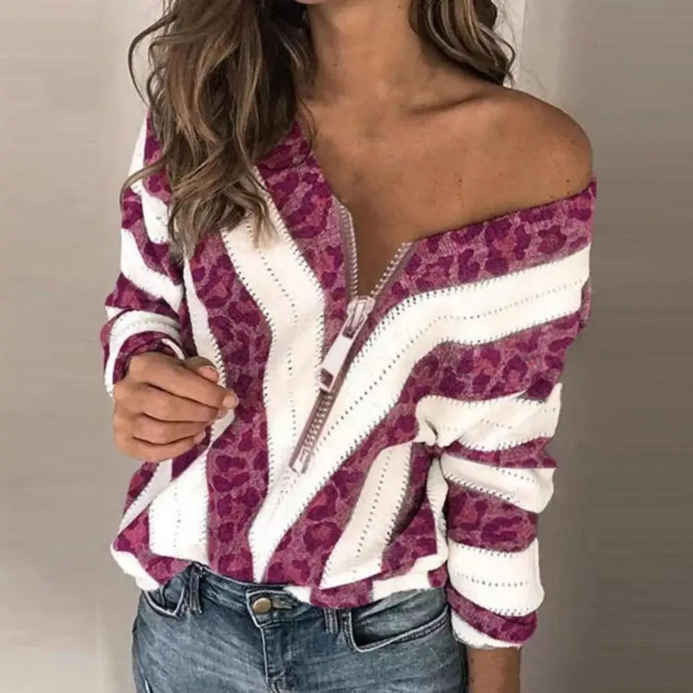 

Stripped Print Zipper Neck Knitted Sweater Long Sleeve Loose Fit V-Neck Women Knitwear Ladies Clothing Sexy Knitted Pullover Top