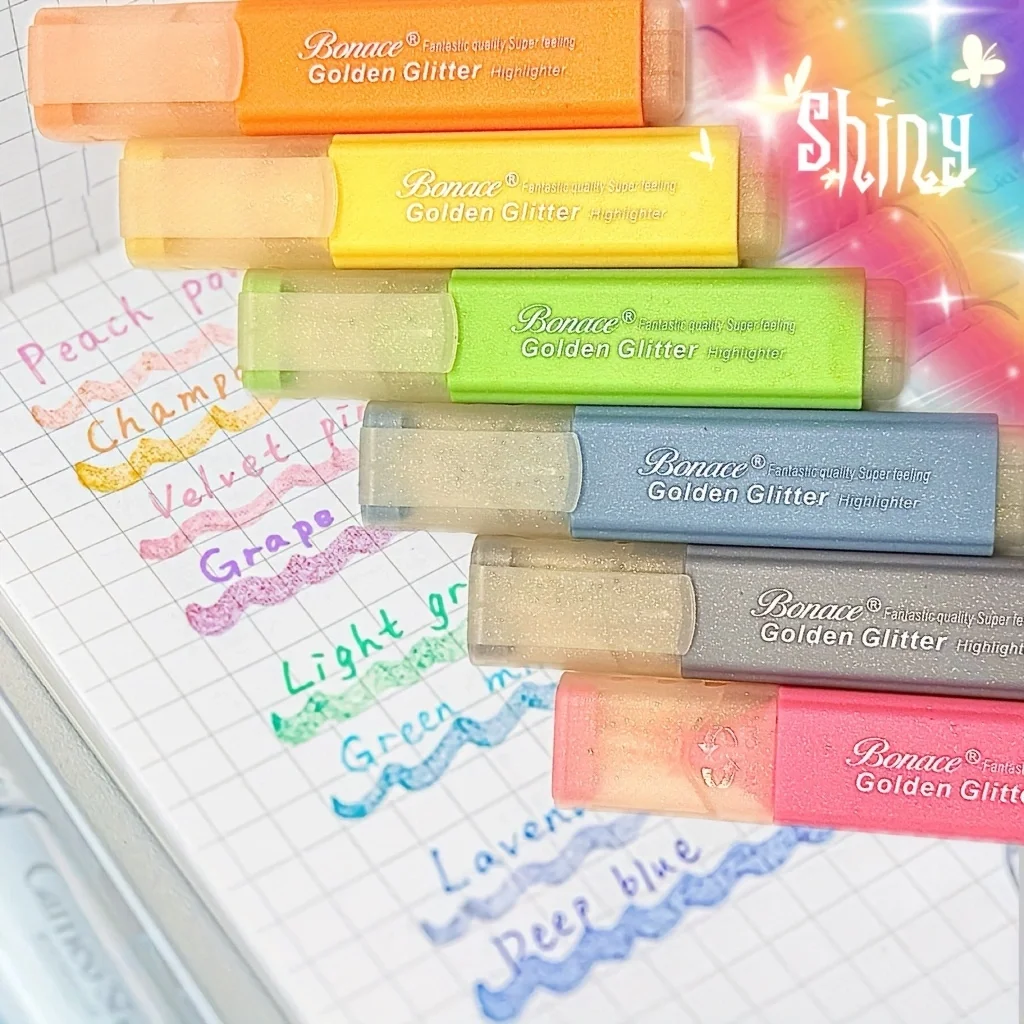 6pcs Shimmering Glitter Highlighter Marker Pens, Pastel Highlighter Marker Pens Flexible Nebula Color