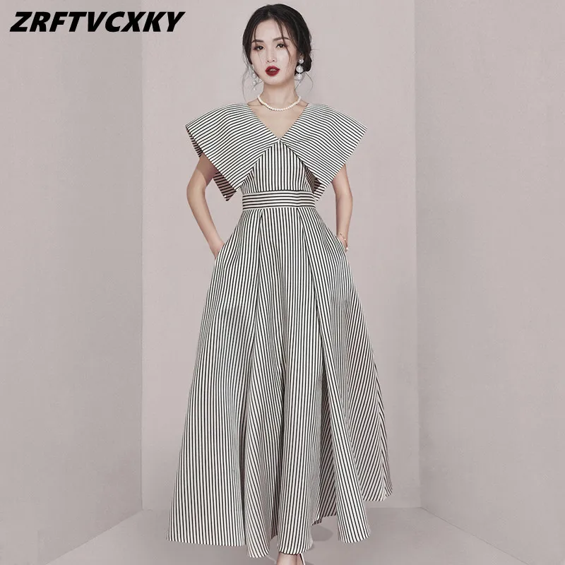 

High-End Temperament V-Collar Stripe Dresses For Women Elegant Fashion Sleeveless High Waist Summer Big Swing Vestidos Robes