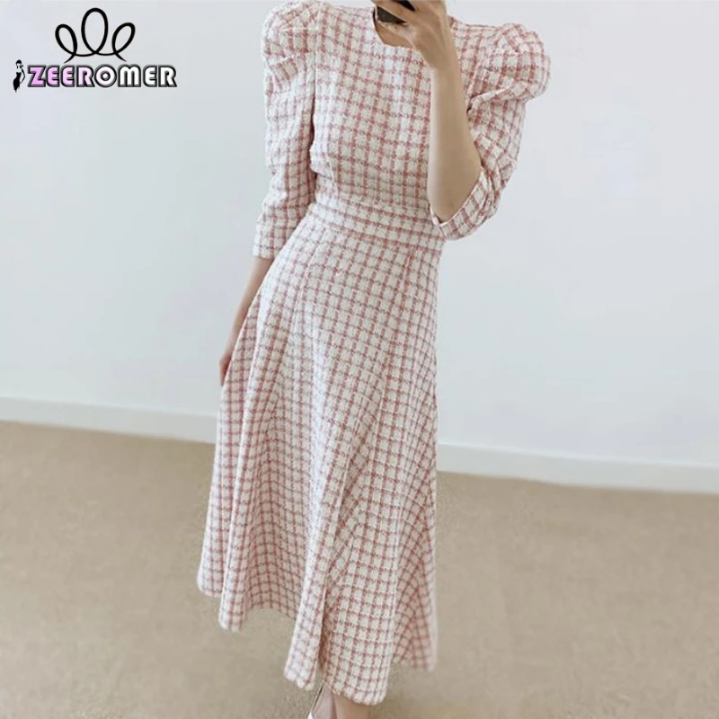 

2023 Spring Korean Fashion Pink Plaid Tweed Dress Women O Neck Puff Sleeve Slim Waist A-line Dress Office Lady Casual Vestidos