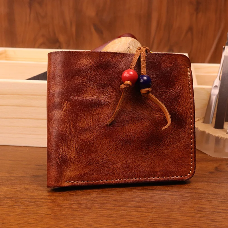 Hand gefertigte Brieftaschen aus braunem Leder für Männer mit Münz tasche Herren brieftasche aus reinem Leder mit Münz tasche mit Reiß verschluss – Detail 3