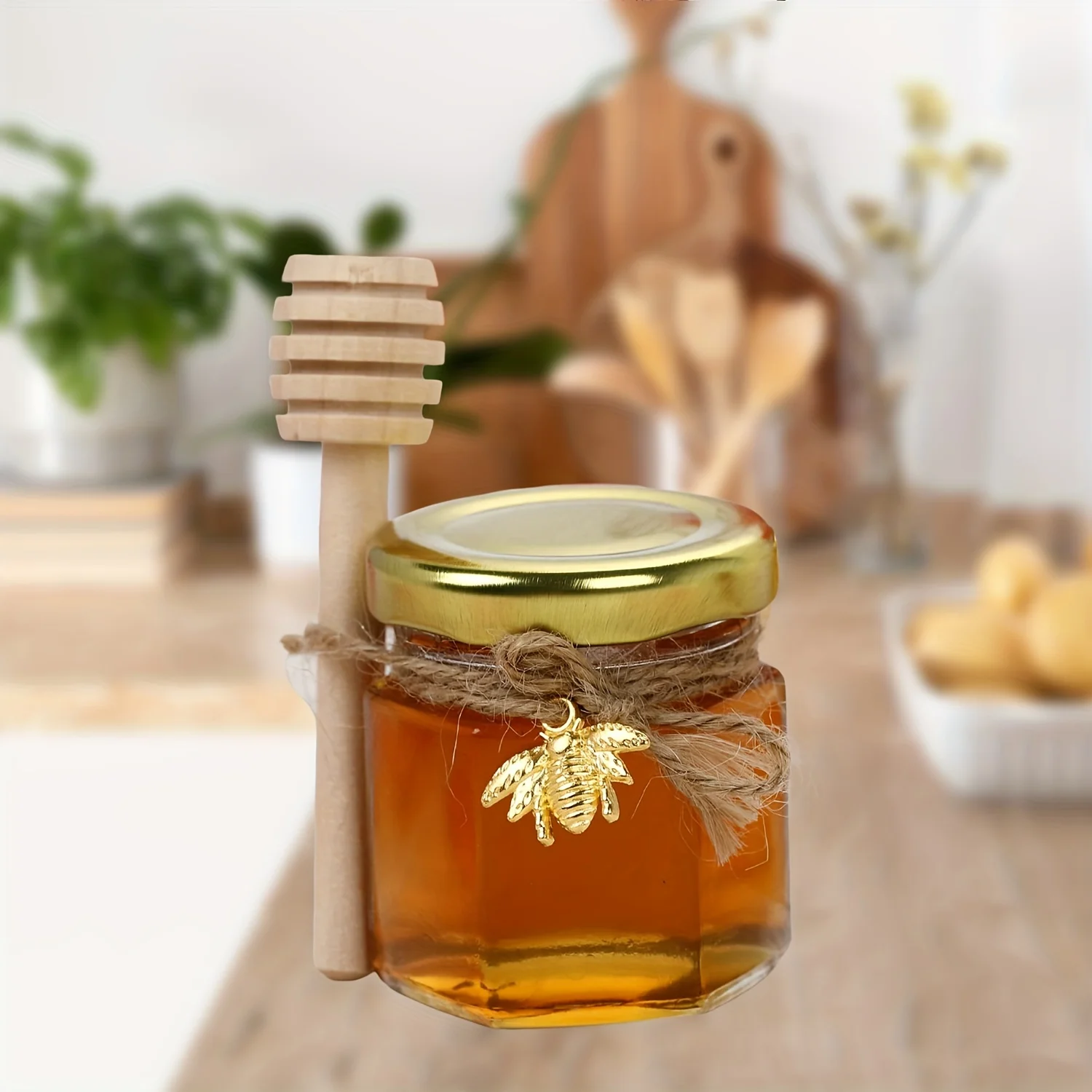 1.5 Oz Hexagon Mini Glass Honey Jars With Wood Dipper, Bee Pendants And Jutes, For Baby Shower, Wedding Favors, Party Favors 5