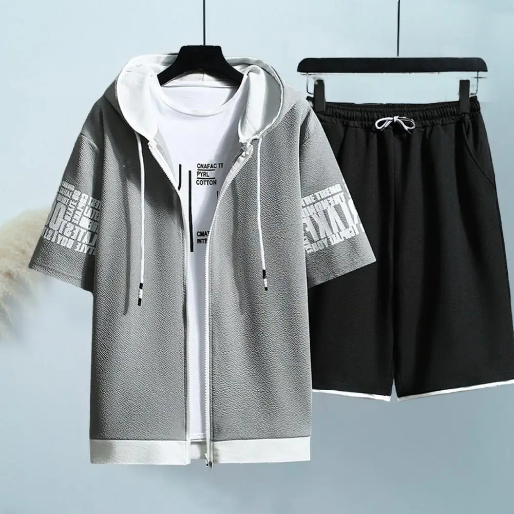 

1 Set Cool Men Sweatshirt Shorts Zipper Wear Resistant Hoodie Shorts Relaxed Fit Hooded Top Shorts
