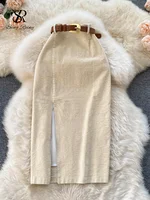SINGREINY Women Korean Split Sexy Long Skirt 2024 Winter Corduroy Slim Thick Streetwear Fashion Vintage Autumn Bodycon Skirt - Image 2