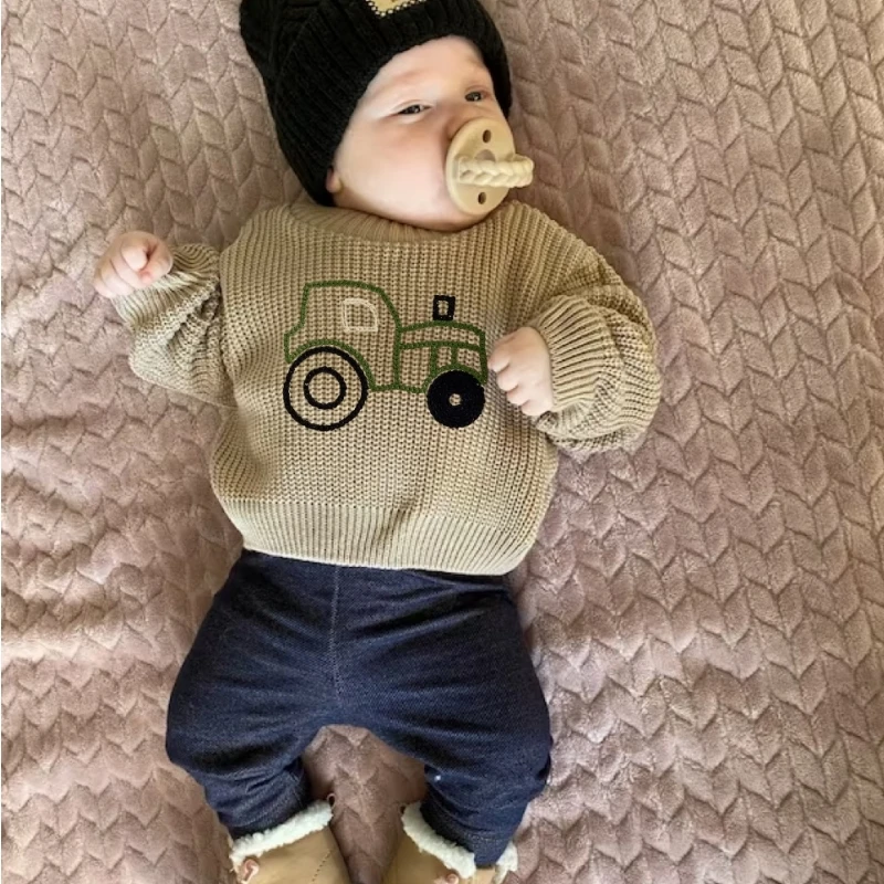 Kids Sweaters Winter Knitted Clothing Truck Embroidery Long Sleeve Baby Pullover Top Knitwear