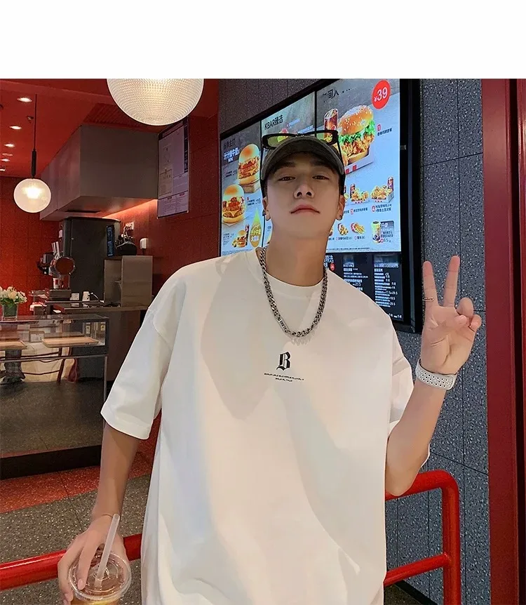 남성용 헤비 아메리칸 세일 반팔 티셔츠, 루즈 코튼, 인스 패션 브랜드, 반팔, 심플한 흰색 상의, 여름 