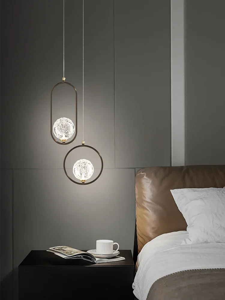 

Modern Minimalist All-Copper Double-Headed Round Ball Glass Chandelier Bedroom Bedside Wind Long Line Ambient Pendant Light