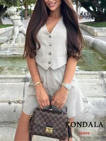 KONDALA Casual Women Suits 2 Pieces V Neck Buttons Vest Blazer+High Waist Wide Leg Shorts Fashion 2025 Summer Vintage Sets - Image 5