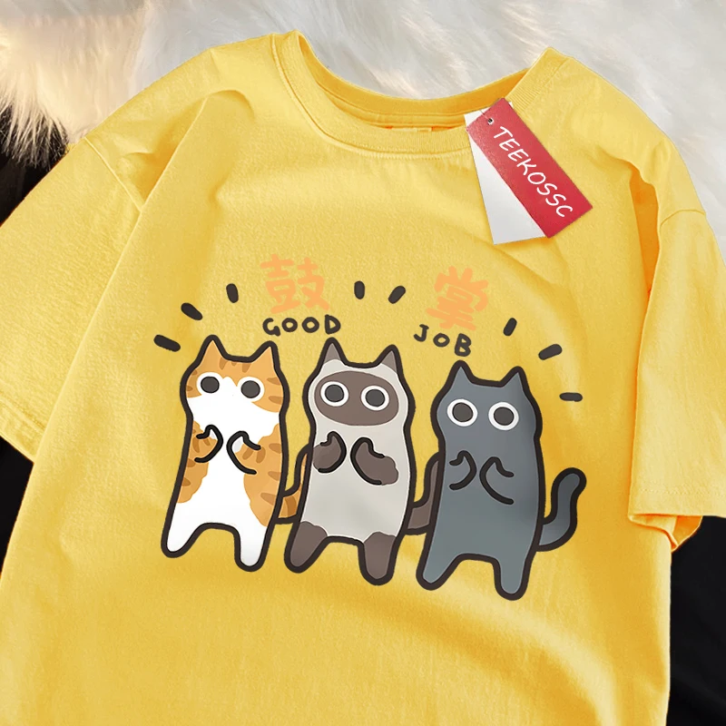 Dance Applauding Cat Print Japanese Style Male Clothes High Quality Oversize T-Shirts Breathable T-Shirt Hip Hop Cotton Tees