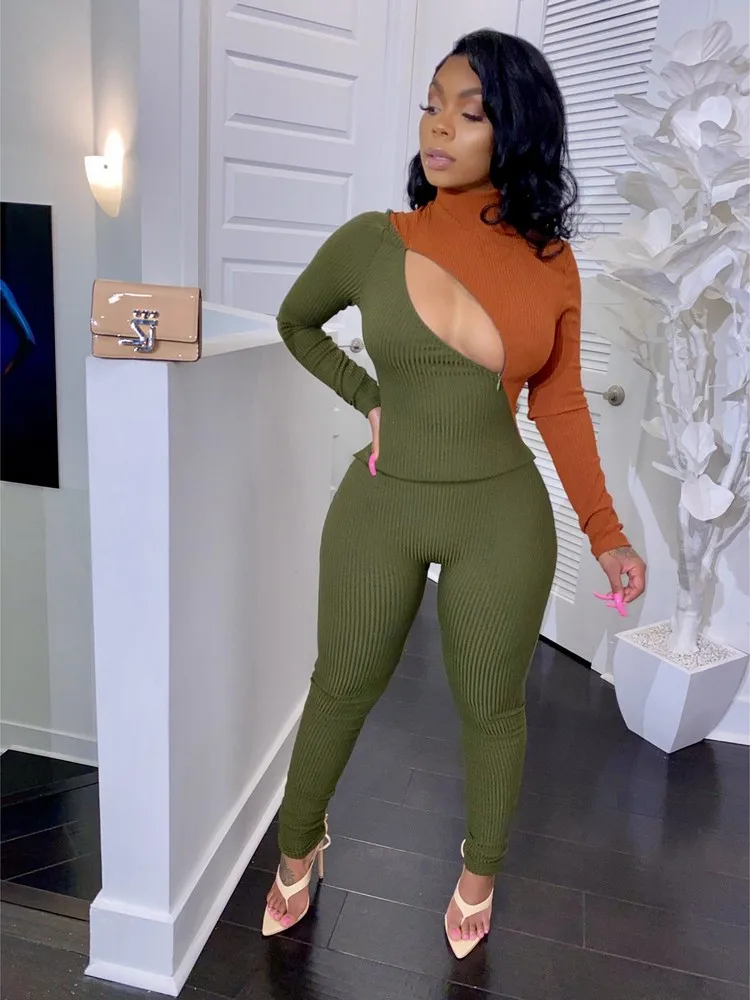 

Autumn Color Block Patchwork Body-shaping 2 Piece Outfits For Women Sexy High Neck Cleavage Top + Empire Waist Long Pants Sets