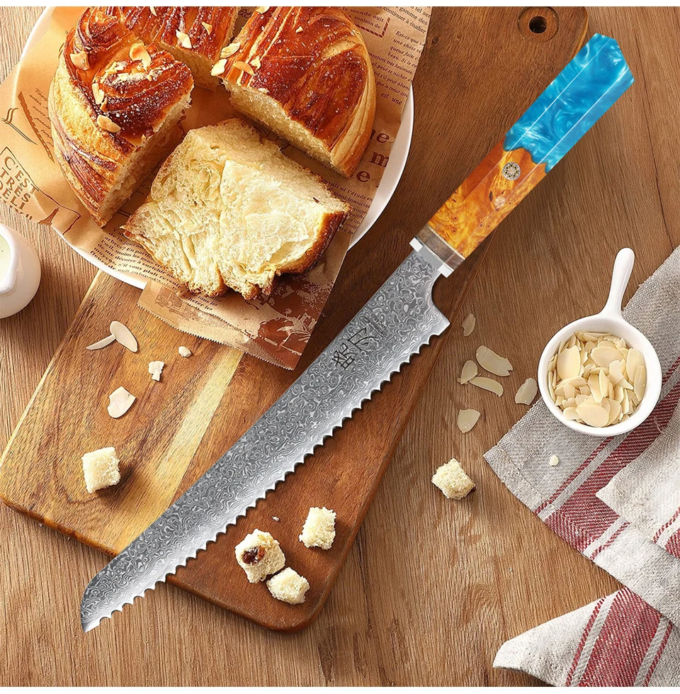 Description Picture 5 of item8.5-inch Serrated Bread Knife Damascus Steel AUS10 Kitchen Japanese Chef Knives Cutting Cheese Cake Toast Slicer Cooking Tools