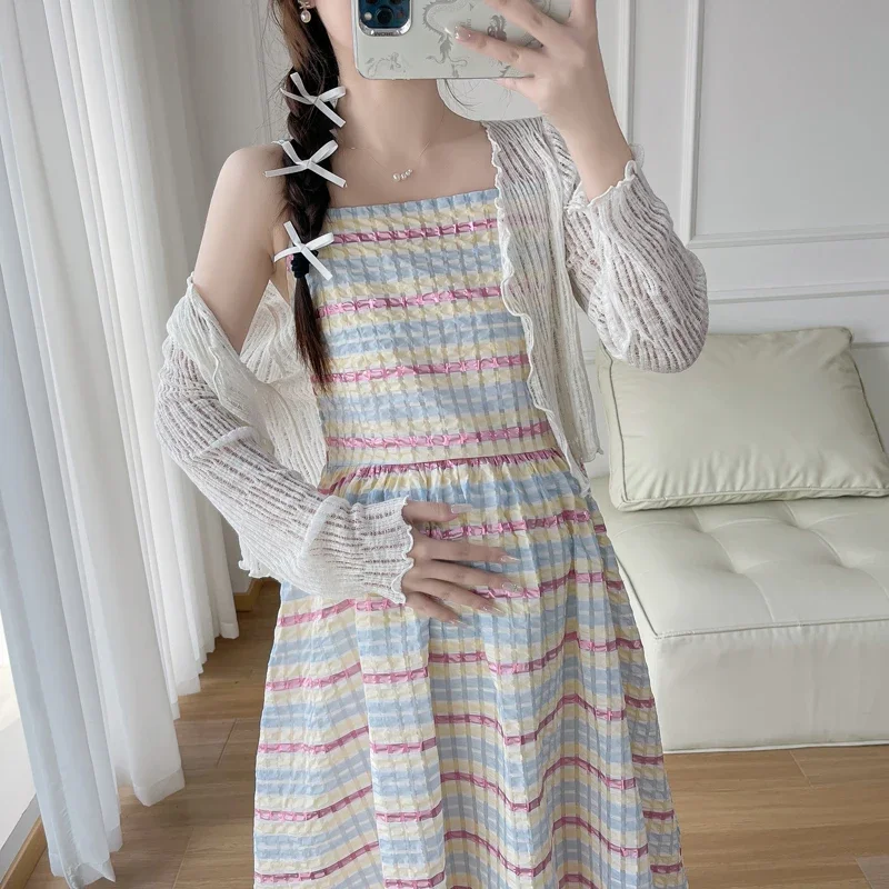 French Style Maternity Holiday Dress Block Color Striped Sleeveless Pregnant Woman Pleated Chiffon Dress Plus Size Beach Dresses 3 French Style Maternity Holiday Dress Block Color Striped Sleeveless Pregnant Woman Pleated Chiffon Dress Plus Size Beach Dresses - Image 3