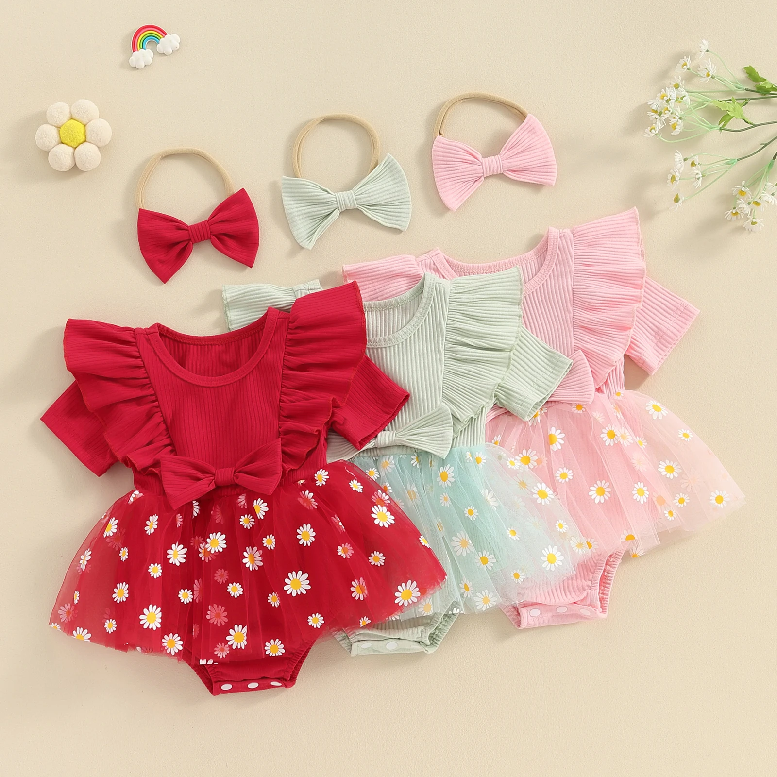 

Baby Girl 2 Piece Outfits Daisy Print Ribbed Short Sleeve Mesh Romper Dress with Cute Headband Set Summer Bodysuits Clothes