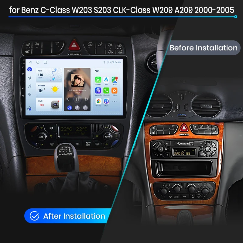 Radio para coche Junsun con CarPlay inalámbrico y Android Auto para Mercedes-Benz Clase C (W203) / Clase CLK (C209/A209) 2000-2009, con ventilador de refrigeración integrado, GPS Android, reproductor multimedia, WiFi, DSP, RDS, BT, SWC, pantalla táctil IPS, autorradio, reproductor de video, unidad principal estéreo. 2