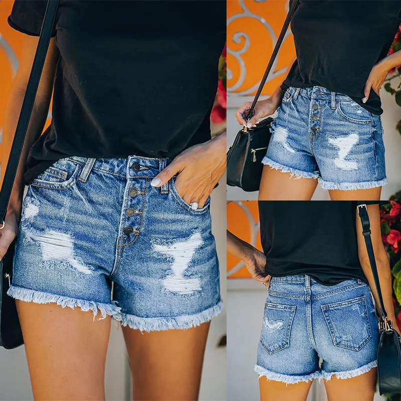 

2023 Spring/Summer New Damaged Wash Versatile Tassel Women's Denim Shorts