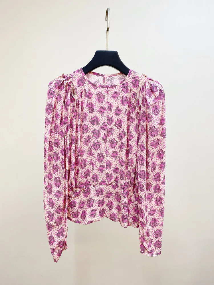 

Women Floral or Dot Print Blouse 100% Viscose Stitching Ruffles Long Sleeve 2023 Fall Retro Female O-neck Shirt