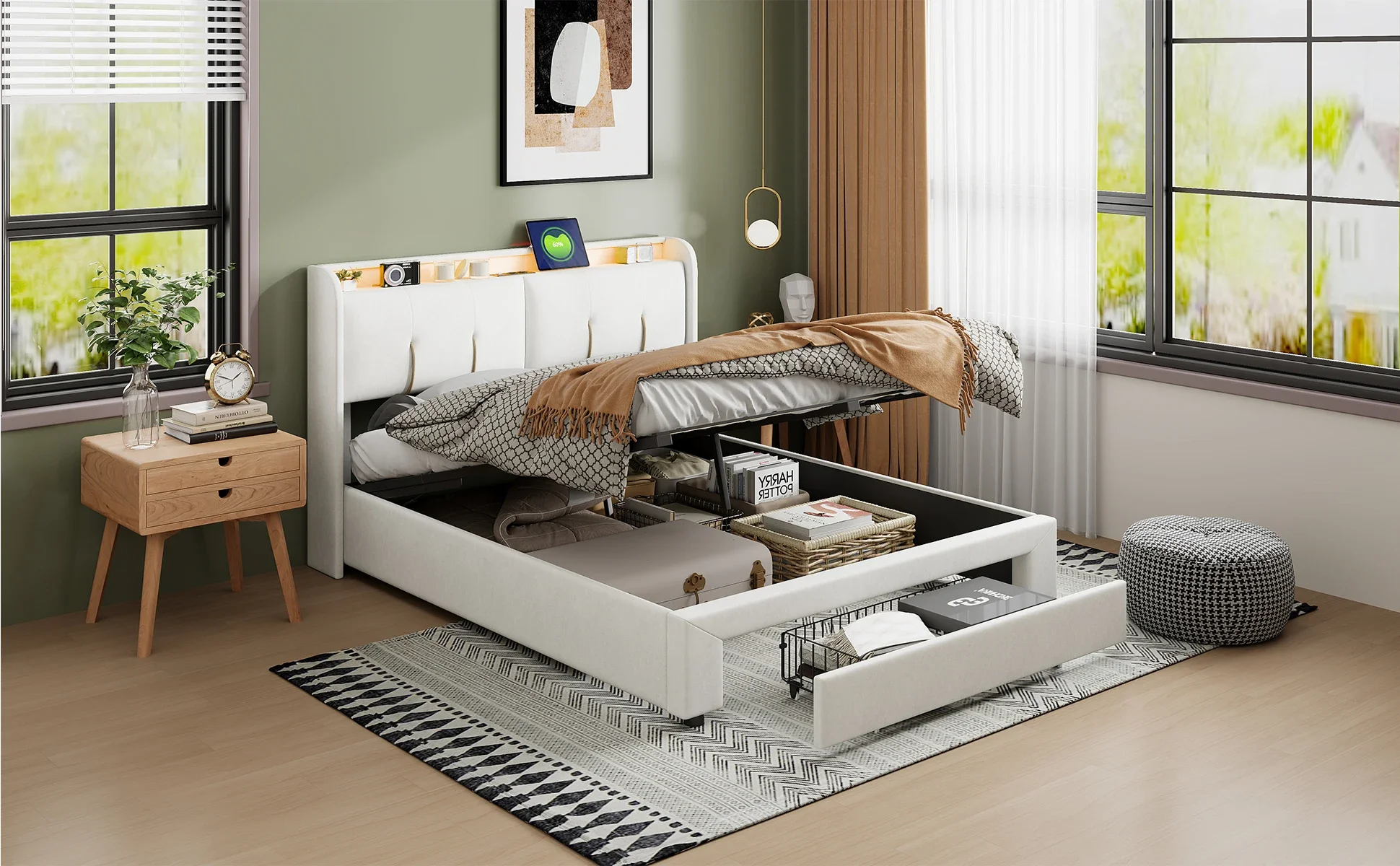 Anajqaqia Doppelbettgestell, 140×200cm, cremefarben, mit LED-Beleuchtung, USB-Ladeanschluss und Stauraum (Matratze nicht enthalten) – Detail 3