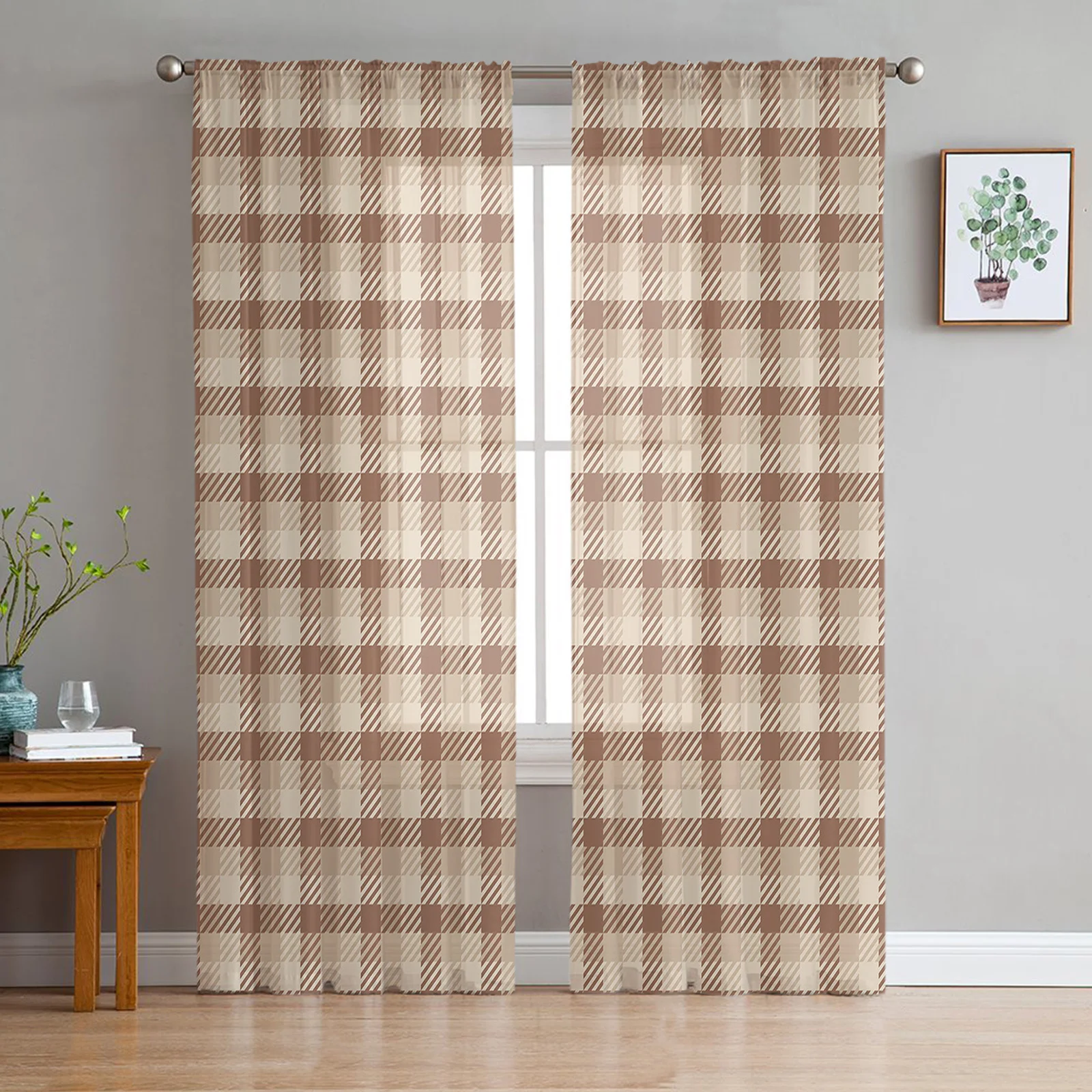 Autumn Plaid Brown Voile Curtains for Bedroom Home Party Decor Living