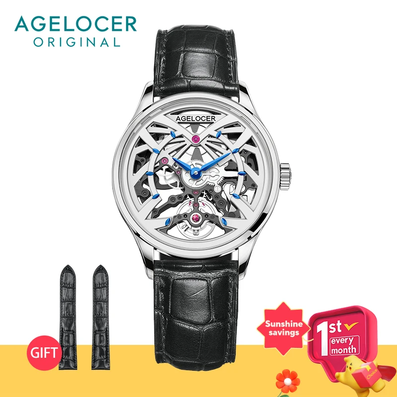AGELOCER Women\'s Top Brand Mechanical Skeleton Automatic Luxury Watch Elegant Ladies Christmas Valentine