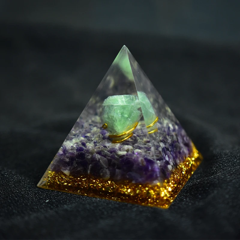 

Natural Crystal Stone Resin Pyramid Ornaments Amethyst Green Fluorite Handicrafts Orgon Energy Crystal Chakra Healing Decoration