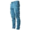 Men Street Elastic Denim Jeans Wash Solid Color Multi Pockets Cargo Pants Casual Slim Fit Daily Wear Joggers Mid Waist Trousers 3